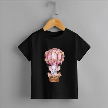 Imagem de Camiseta Infantil Menina Elefante Balão Tecido Premium Rosa Delicada T