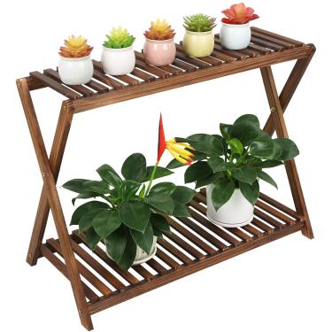 Imagem de TOVACU Suporte de plantas de madeira para ambientes internos e externos com 2 camadas, suporte de flores, suporte de canto escalonado, suporte de vaso de flores para exibição de plantas no pátio, varanda, entrada e sala de estar (design clássico cruzado em X)