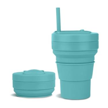 Imagem de UNNESTAR Copos dobráveis para viagens 350 ml Copo de silicone dobrável com canudo reutilizável à prova de vazamento caneca de café