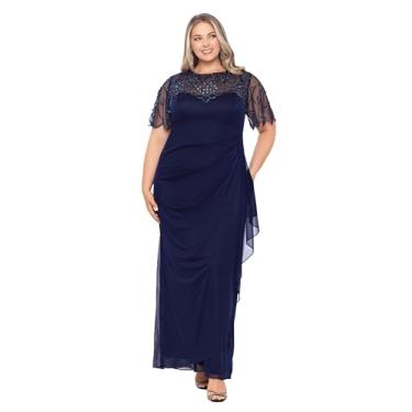 Imagem de Xscape Vestido feminino plus size longo com contas e decote ilusão de lantejoulas, Azul marino, 52