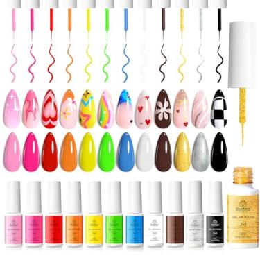 Imagem de Conjunto de esmaltes de unhas beetles - 12 cores 2 em 1 Top Coat Neon Gel Liner esmalte para pintura de unhas rosa verde gel arte esmalte de imersão pincel fino embutido para design DIY