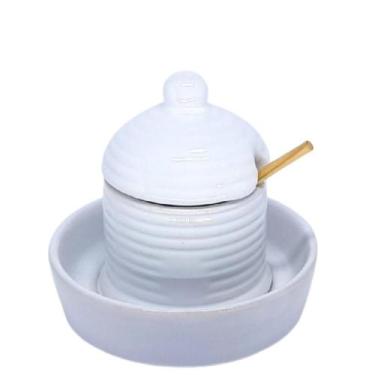 Imagem de Pote Mel com Prato de Cerâmica e Pegador! - Lumes Decoraçoes, BRANCO