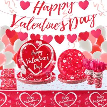 Imagem de Jenaai 166 peças de decoração de festa do dia dos namorados, inclui faixa de feliz dia dos namorados, pratos descartáveis, guardanapos, garfos, copos, facas, colheres, balões para decoração de festa