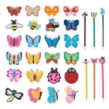 Imagem de FASHEWELRY 24 peças de enfeite de lápis, enfeites de plástico, abelhas, borboleta, libélula, joaninha, clipes de lápis, acessórios para materiais escolares para estudantes, prêmios de recompensas de