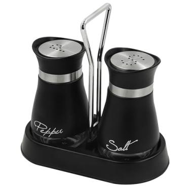 Imagem de Conjunto de saleiro e pimenteiro, saleiro de vidro para decoração de balcão de cozinha, coqueteleira de tempero de 118 ml com suporte, dispensador de temperos de açúcar preto YITOBA para cozinhar,