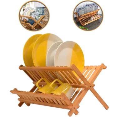 Imagem de Escorredor de Pratos WelImix Dobrável de Bambu 43x34CM - 14 Divisórias Prático e Ecológico para Pratos e Copos