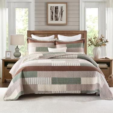 Imagem de Uniclinens Conjunto de cama queen xadrez, 100% algodão, patchwork, colcha/cobertor/edredom leve, marrom e leve, conjunto de 3 peças com 2 fronhas, marrom/verde/creme