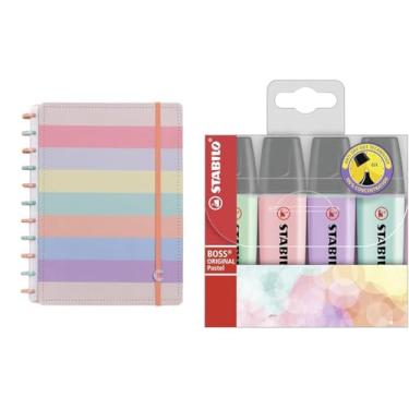 Imagem de Kit Caderno Inteligente Arco Íris Sistema Disco + Marca Texto STABILO BOSS Pastel 4 Cores