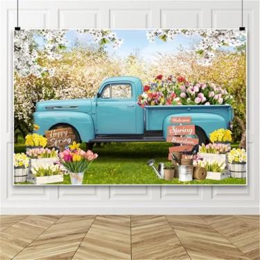 Imagem de ZJRBJB Cenário de jardim de primavera, azul, caminhão, fotografia, cenário, flor, sessão de fotos, aniversário, casamento, chá de bebê, decoração de festa 3 x 2,4 m