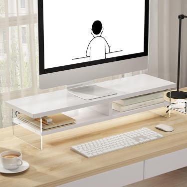 Imagem de Suporte de monitor de madeira de 2 camadas, riser de monitor com suporte acrílico transparente para computador multimídia suporte de mesa risers de prateleira de TV, branco, 60 cm
