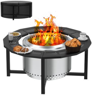 Imagem de Mesa surround para fogueira para fogueira solo, Tiki, mesa externa sem fumaça para fogueira a lenha, mesa de fogão de aço revestida a pó com tampa para fogão solo