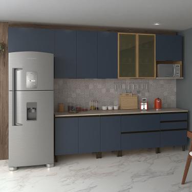Imagem de Cozinha Completa Bartira Cristal com 9 Portas, 7 Gavetas, 8 Prateleiras, 1 Nicho e 340cm de Largura - Lâmina Mel/Azul Royal