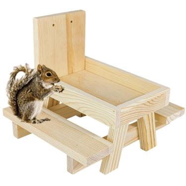 Imagem de Alimentador de esquilo de madeira, alimentador de mesa de piquenique de esquilo com banco e prancha, alimentador de esquilo estável para uso externo, jardim, quintal, porcas, frutas, frutas vermelhas