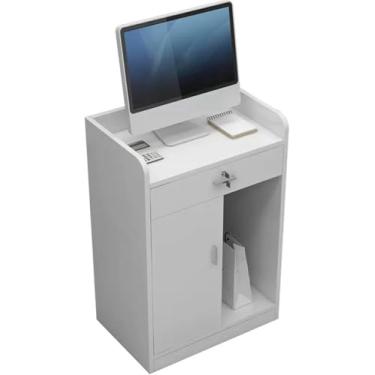 Imagem de Mesa de recepção, balcão frontal com gavetas com trava, mesa de sala de recepção de salão, mesa de computador de escritório com armário de armazenamento, balcão de caixa de loja de roupas, A, 152 x
