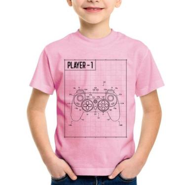 Imagem de Camiseta Infantil Player 1 Controle Joystick - Foca na Moda, Rosa bebê