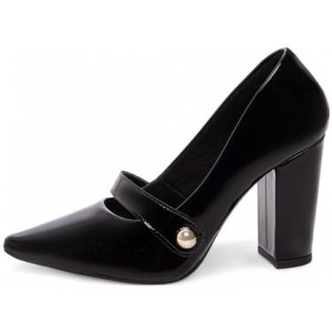 Imagem de EMILY ONLINE, Sapato Scarpin Salto Alto Grosso Bico Fino Tira Feminino 9cm (Preto, BR, Adulto, Numérico, 35)
