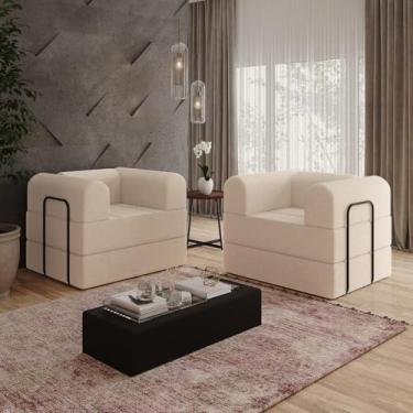 Imagem de kit Duas Poltronas Monaco Decorativa Escritorio Sala de estar Linho Bege