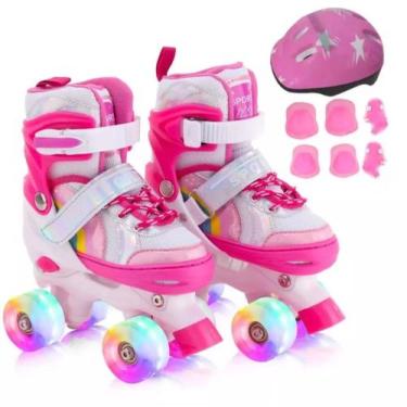 Imagem de Patins Infantil 4 Rodas Verde Com Luz De Led + Protecao Patins Criança