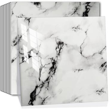Imagem de 10 folhas de azulejo autoadesivo Backsplash com aparência de mármore 30,5 x 30,5 cm, salpicos traseiros para cozinha, banheiro, azulejos coloridos (10, rachadura preta)