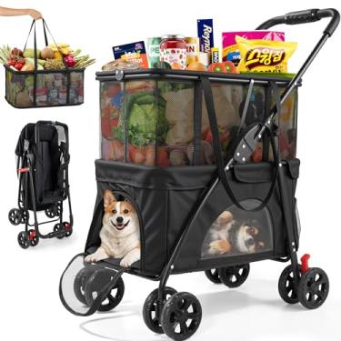 Imagem de Keoslpy Carrinho de compras dobrável atualizado e carrinho de estimação 45 kg, carrinho de compras pessoal portátil 2 em 1 com cesta removível e carrinho inferior para cães, para mantimentos