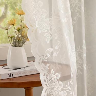 Imagem de Cortinas transparentes creme, 213,4 cm, longas e chiques, rendas, recortadas, filtro de luz, antigas cortinas de gaze para sala de jantar, sala de estar, berçário, conjunto de 2 painéis L132 x C84