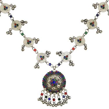 Imagem de Mehrunnisa Colar longo tribal afegão com vidro colorido para mulheres, Metal
