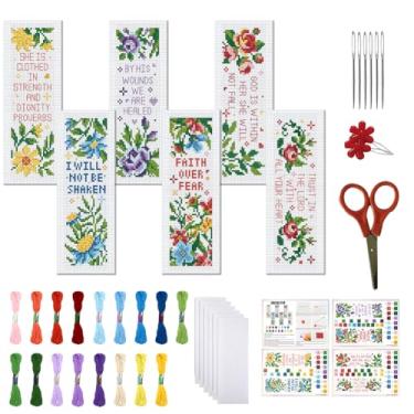 Imagem de FREEBLOSS Conjunto de 6 kits de marcadores de página de ponto cruz, kit de bordado estampado, marcadores de livro faça você mesmo, kits de ponto cruz com instruções 20 x 6 cm, flores, margarida e