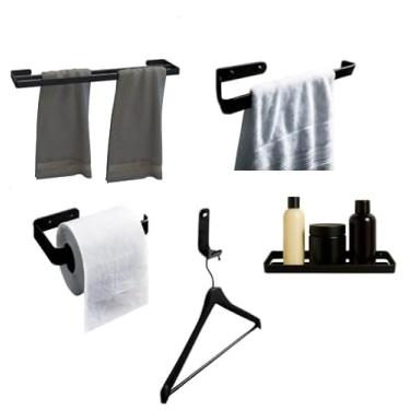 Imagem de Kit Completo Assessórios Para Banheiro Preto Toalheiro Duplo Porta Shampoo Anti-Ferrugem (5)