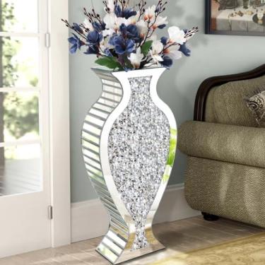 Imagem de Allartonly Vaso de piso alto S vaso espelhado de diamante triturado 68,5 cm de altura, espelho decorativo de vidro prata cristal vaso grande de luxo para decoração de casa arranjo de flores não pode
