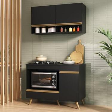 Imagem de Armário de Cozinha Modulada Compacta 105cm com Balcão para Cooktop Veneza Multimóveis Mp2260 Preto/dourado