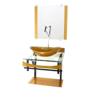Imagem de Gabinete de vidro 40cm para banheiro curvado duplo pp cuba oval dourad