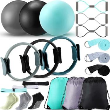 Imagem de Poen Kit de 21 peças de pilates em casa para mulheres, conjunto de anel e bola de pilates com alça de alongamento, 8 faixas de resistência, meias antiderrapantes, bolsas de ginástica, equipamento de