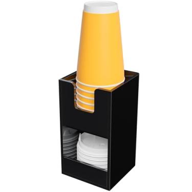 Imagem de Beego Suporte de copo de 2 compartimentos para bancada - dispensador de copos de acrílico preto de 2 camadas para estação de café, organizador de copos de papel e tampa, armazenamento de condimentos