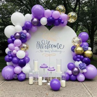 Imagem de Kit de guirlanda de balões roxos, 132 peças, balões de látex roxo, kit de arco de balão roxo e dourado com borboletas douradas para casamento, chá de bebê, festa de aniversário, aniversário