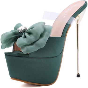 Imagem de Mulheres de verão Flippers doces cetim de cetim mula de saltos altos sandálias Sandálias Sexy Shoes de festa, verde, 40 UE