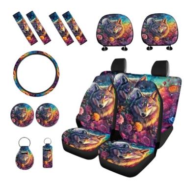 Imagem de PCSJRKG Conjunto de 15 capas de assento de carro com estampa de flor de lobo, conjunto universal de acessórios de carro, capas de assento dianteiro, capa de volante, capas de cinto de segurança, capa