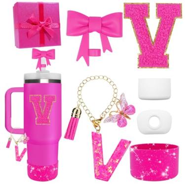 Imagem de Miglaja Acessórios pretos para copos Stanley 850.5 g 1,134.0 g, todos os acessórios caixa de presente contêm topo de palha de flor, bota de silicone, adesivos de letras e pingentes, conjunto de tampa