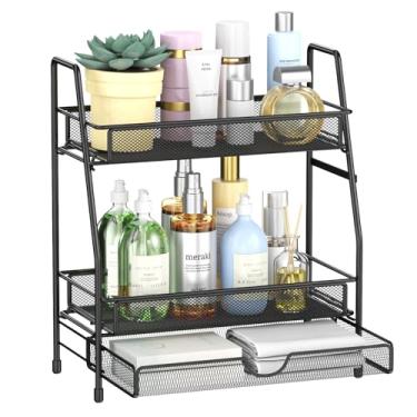 Imagem de THENNIKIGO Rack de armazenamento de bancada de banheiro, rack de armazenamento de quarto, suporte de temperos de bancada de cozinha (com gaveta) (preto)
