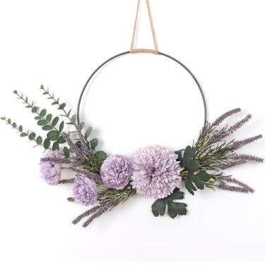 Imagem de KHOYIME Guirlandas florais para porta da frente, guirlanda de flores de lavanda roxa artificial para todas as estações com hastes de eucalipto, crisântemos, varanda interna e externa, decoração de