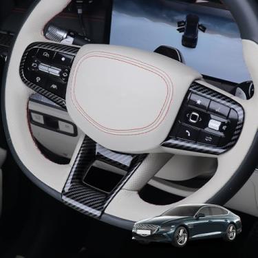 Imagem de Cnaurda Acabamento da capa da moldura do volante do carro, capa do painel do botão do volante, proteção interna da moldura de direção compatível com Genesis G80 2025 (modelo esportivo padrão de fibra