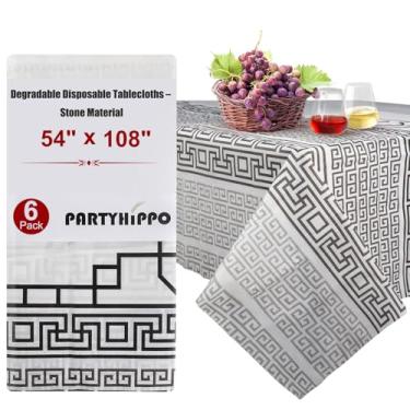 Imagem de PARTYHIPPO Toalha de mesa descartável degradável de papel de pedra (137 x 274 cm, pacote com 6) – retangular, impermeável, à prova de vazamento, durável (janela oriental)