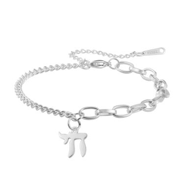 Imagem de Amaxer Pulseira ajustável com símbolo judaico hebraico chai para bar Bat Mitzvah aço inoxidável judaísmo joias religiosas, Medium, Aço inoxidável, Sem Pedra Preciosa