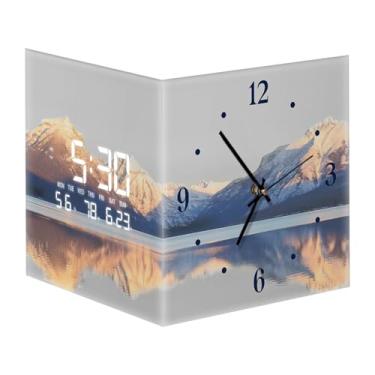 Imagem de SCOAGE Relógio de parede analógico iluminado inteligente calendário digital nascer do sol lago relógio de parede com temperatura dia canto moderno relógio de parede com luz para quarto, garagem, sala