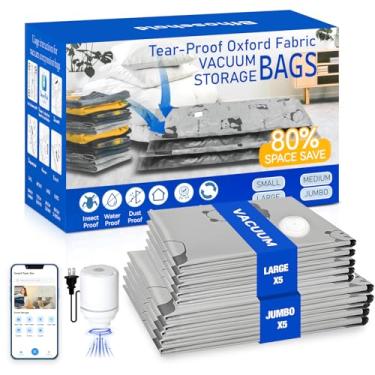 Imagem de 10 sacos de armazenamento a vácuo à prova de rasgos com bomba elétrica, sacos reutilizáveis de armazenamento a vácuo para roupas, 5 jumbo + 5 sacos grandes de tecido Oxford para cobertores de bagagem