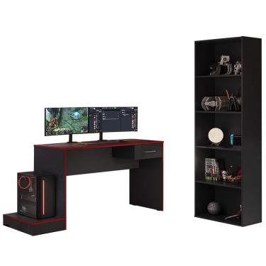 Imagem de Mesa Gamer 1 Gaveta E Estante Livreiro Preto Vermelho ARLY