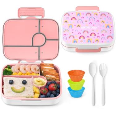 Imagem de ANDMOON Lancheira Bento para crianças à prova de vazamento, lancheira Bento com 5 compartimentos, recipientes de almoço com 3 copos de silicone para assar, pode ir ao micro-ondas/lava-louças (1,22 g