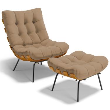 Imagem de Poltrona Costela L02 Com Puff Sala De Estar Linho Bege Escuro - Lyam Decor