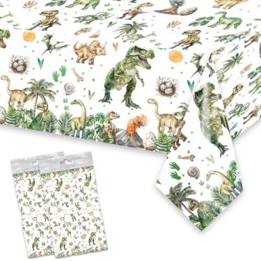 Imagem de 2 toalhas de mesa de plástico de dinossauro, 137 x 272 cm, capas de mesa de dinossauros em aquarela verde para crianças, meninos, chá de bebê, artigos de festa de aniversário, lembrancinhas de