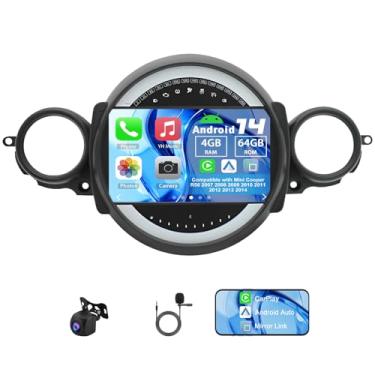 Imagem de Slakerbe Rádio veicular Android 14 compatível com Mini Cooper R56 2007 2008 2009 2010 2011 2012 2013 2014, 4G + 64G tela sensível ao toque de 9 polegadas com câmera de backup com microfone Carplay