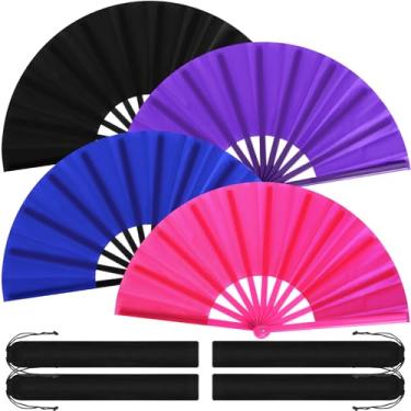 Imagem de Blulu 4 peças de leques grandes dobráveis para dança em linha, grandes de seda, palmas à mão, para botas de dança no chão, decoração de festa (estilo clássico, preto, roxo, rosa, azul, 33 cm)